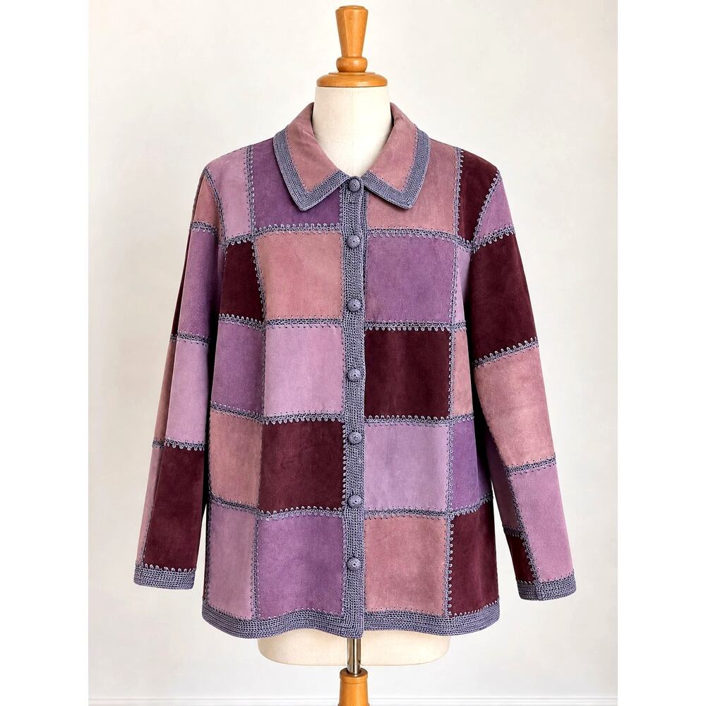 Vintage Denim & Co Patchwork Purple Leather Jacket Large 90s Crochet Suede